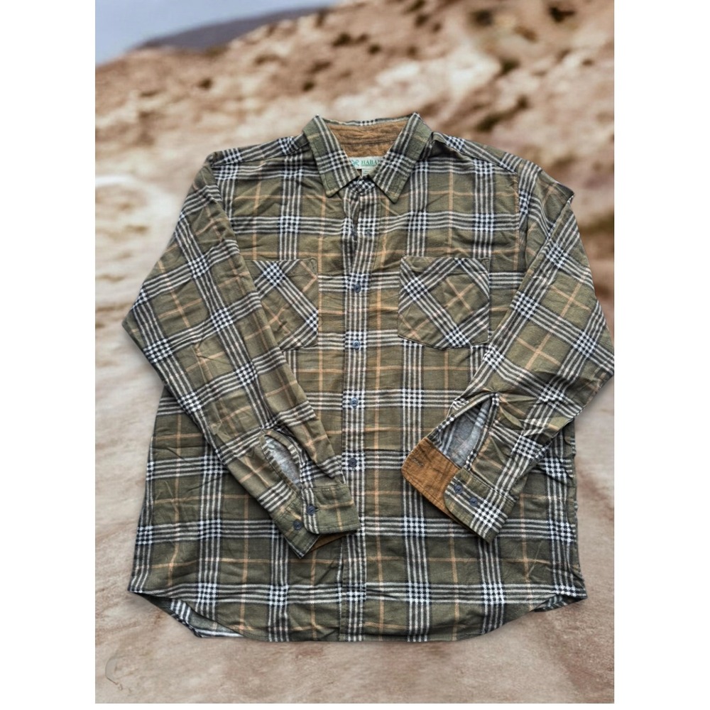 Haband Mens Olive Green Plaid Flannel Shirt Corduroy Trim Size M Style 125‎